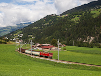 The RhB Ge 4/4<sup>I</sup> 605 <q>Silvretta</q> between Ilanz and Castrisch hauling a Valserzug