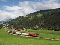 The RhB Ge 4/4<sup>I</sup> 605 <q>Silvretta</q> between Ilanz and Castrisch hauling a Valserzug