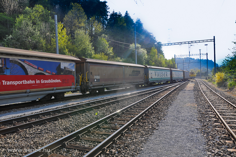 Én a RegioExpress vonattal már továbbmentem Churba, amikor befutott ez a teher, hogy félreálljon az Albulabahnról, St. Moritzból érkező másik RegioExpress útjából. Az valahol útközben (jó eséllyel Samedanban) kapott pár teherkocsit is a végére. kép A Ge 4/4 fotó