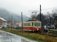 The historically painted EMU of the Trencianske Teplice electrified narrow gauge railway at the streets of Trenciansk Tepl (Hlak)