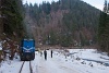 The loaded logging freight train of CFF Viseu de Sus with 87-0032-0 seen in the Vaser river valley just above Botizu station